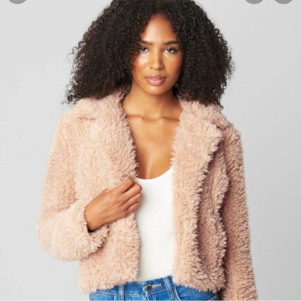 BlankNYC Faux Fur Cropped Jacket Fuzzy Teddy L Champagne & OJ Sahara Tan